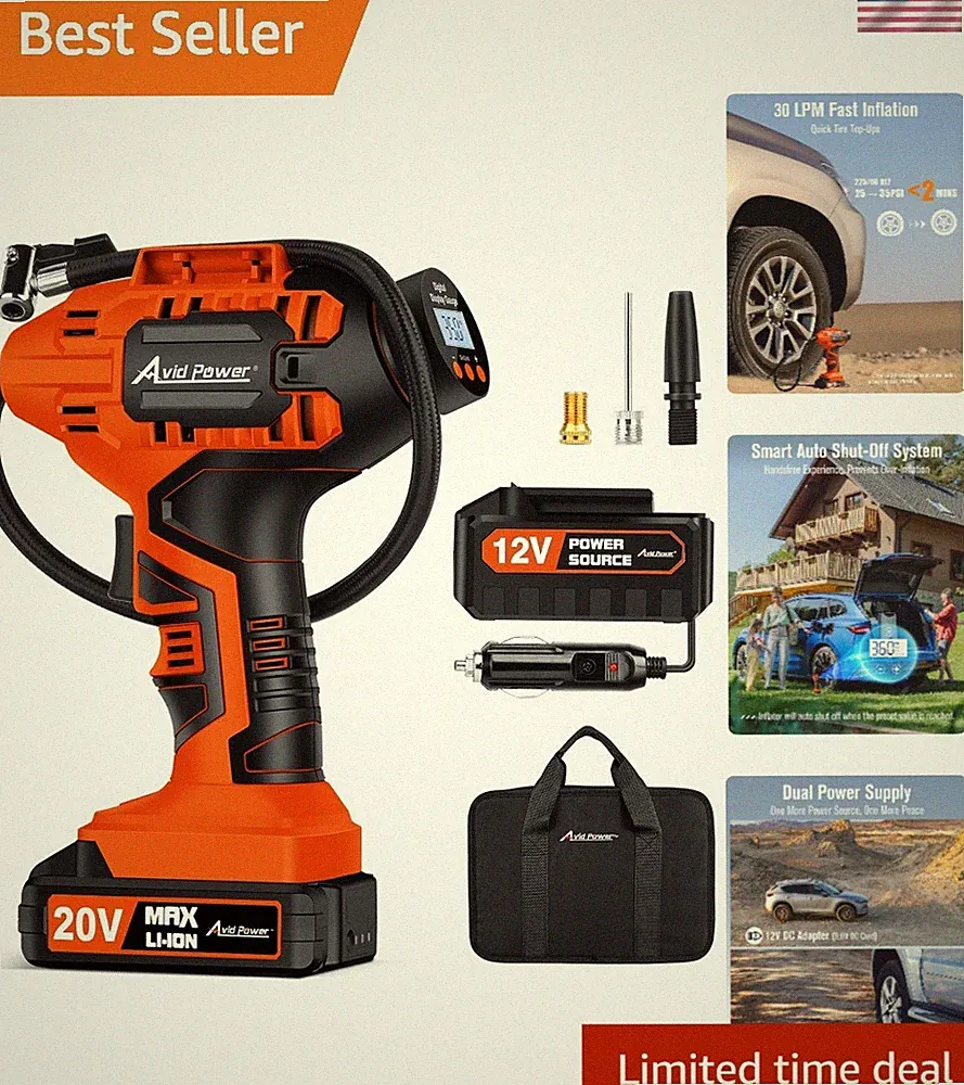 Avid Power Portable Tire Inflator 20V Cordless Air Compressor with Digital Gauge