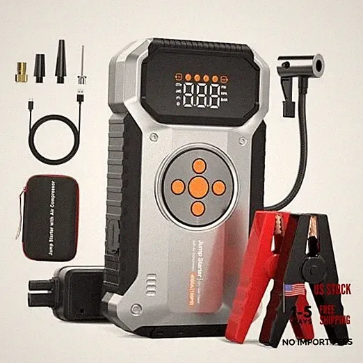 Car Jump Starter with Air Compressor, 4000A 12V Portable Black+Silver+Orange