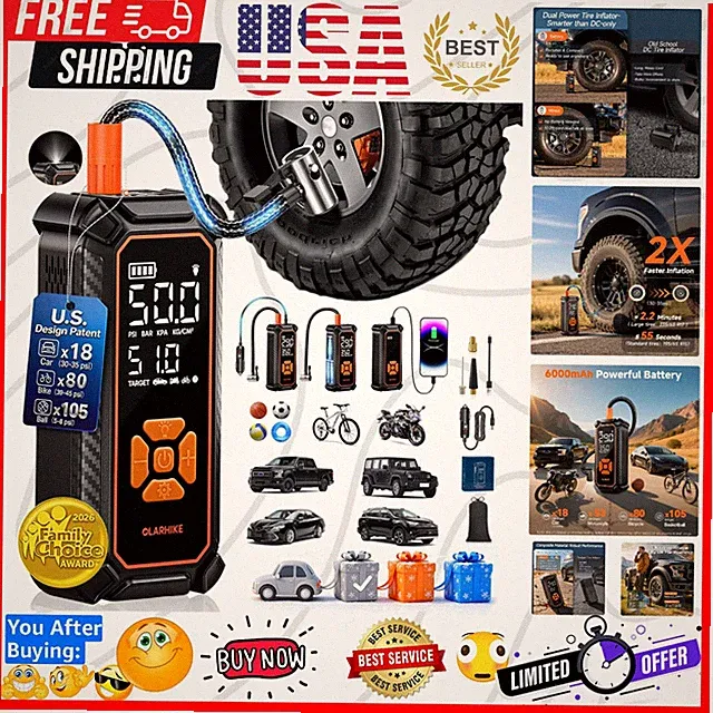 Cordless Tire Inflator Portable Air Compressor, 150PSI Dual Power - 6000mAh &...