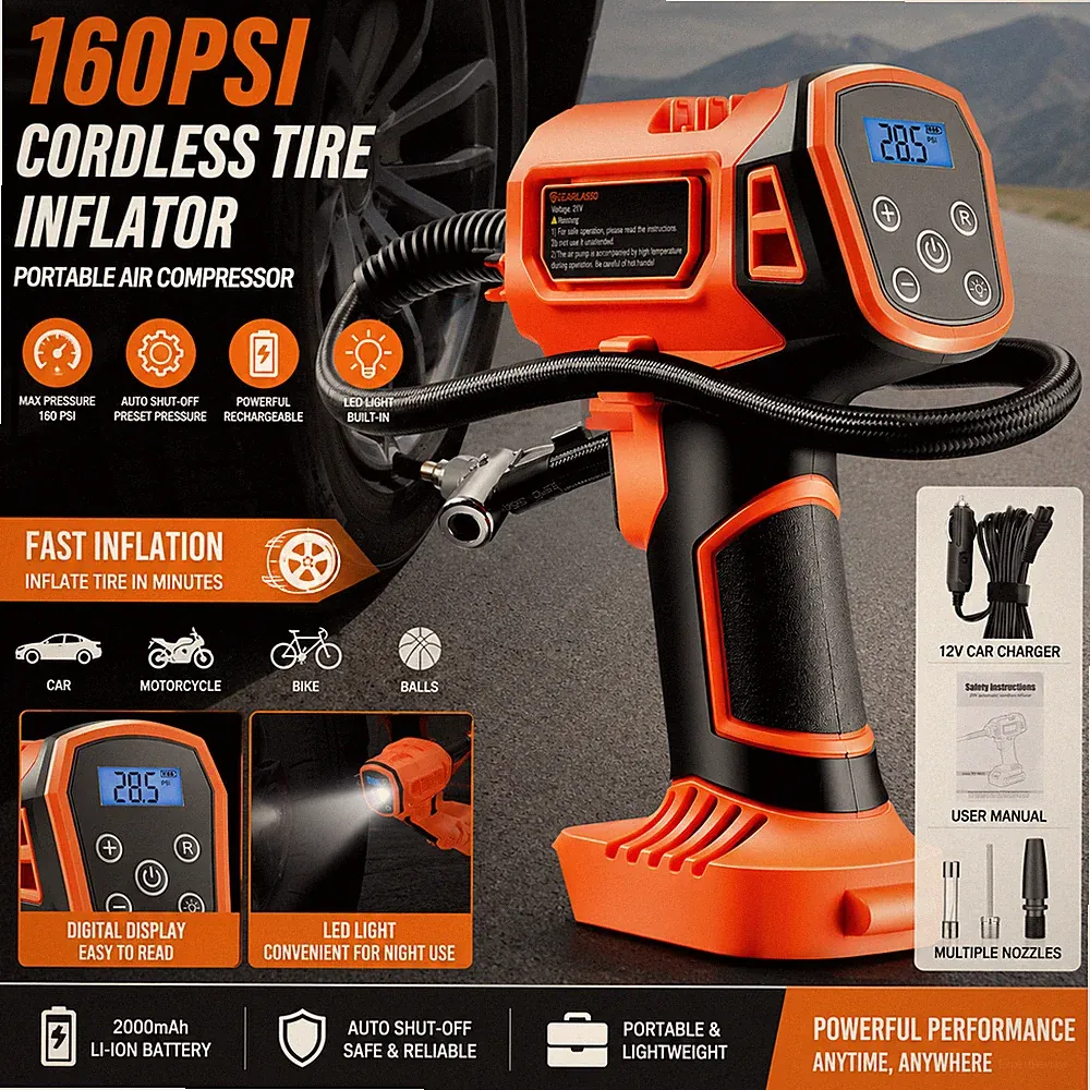Handheld 160PSI Tire Inflator Air Compressor Portable Car Pump w/ 3 Light Modes