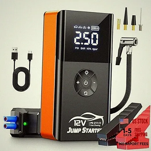Jump Starter with Air Compressor, 8000A 180PSI, Portable Car Pumpkin Orange