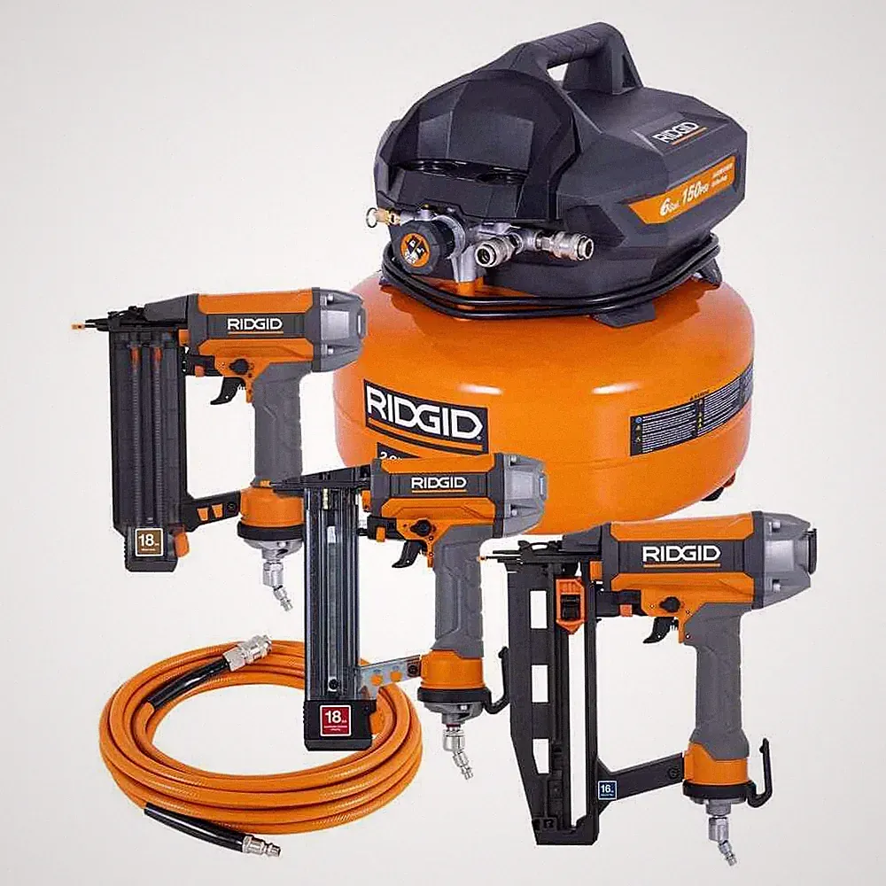 RIDGID 6 Gal. 150 PSI Electric Air Compressor w/ 25 ft. Hose & Nailer/Stapler